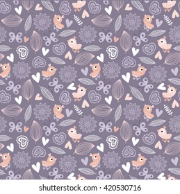 Cute pattern with birds, butterflies, hearts and floral elements