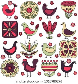 Cute pattern, birds and flowers, folk art style, colorful, hand drawn, vector