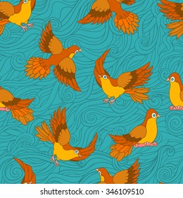 Cute pattern with birds, on blue wave background. Seamless pattern can be used for wallpapers, pattern fills, web page backgrounds, surface textures. vector hand drawn illustration