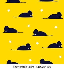 Cute pattern with black mouse and stars on yellow background. Ornament for textile and wrapping. Vector.