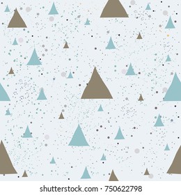 Cute Pattern with blue and brown triangles on light blue background with tiny dots. Hand Drawn Design. Great for wall art design, gift paper, wrapping, fabric, textile, etc.