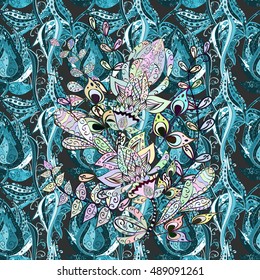 Cute pattern in blue and colorful doodles flower. Vector