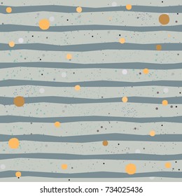 Cute Pattern with blue stars on white background with stripes and tiny dots. Seamless Baby Boy Shower Pattern with hand drawn blue stripes and golden bubbles. Vector Illustration.