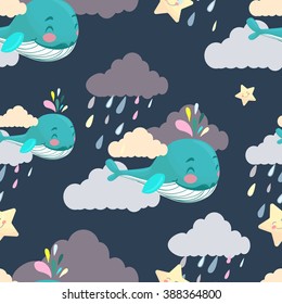 The cute pattern with blue whales on a dark blue sky 