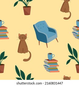 Cute pattern with books, house plants and a cat for interior design, testicle, wallpaper.
