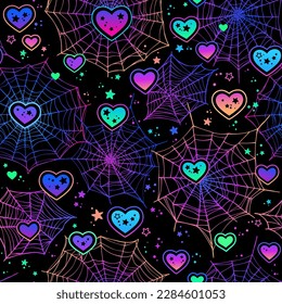 Cute pattern of bright hearts and cobwebs