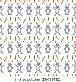 Cute pattern with cute bunnies and carrots. Animals vector illustration. For children's clothing, fabrics and packaging, prints and covers, decorative items.