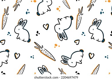 Cute pattern with bunnies and carrots in a hand-drawn style. Suitable for textiles and stationery.