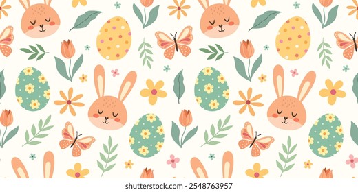 Um padrão bonito com coelhos e ovos de Páscoa. Fundo floral da primavera