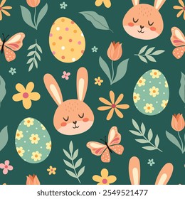 Padrão bonito com coelhos e ovos de Páscoa, plantas e flores
