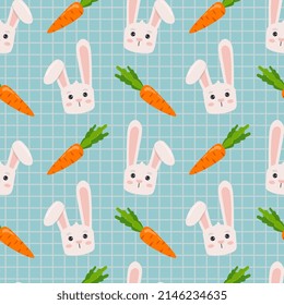 Cute pattern with bunny and carrot on blue checkered background. Vector seamless texture for kids fabric, wrapping paper, design