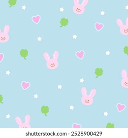 Cute pattern of bunny, heart, clover leaf, star on pastel blue background for wallpaper, backdrop, gift wrap, packaging, paper design, book cover, kid clothes, fabric, animal, easter, card, pyjamas