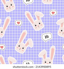Cute pattern with bunny on blue checkered background. Vector seamless texture for kids fabric, wrapping paper, design.
