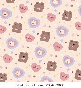 Cute pattern with bunny, Teddy bear and hearts. Kawaii animals. Texture for children