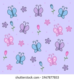 Cute pattern with butterflies and flowers on a purple background.
