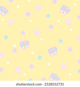 Cute pattern of butterfly, flower, heart on pastel yellow background for blossom print, wallpaper, backdrop, gift wrap, packaging, souvenir shop, spring, summer fabric, pet clothes, paper design, card