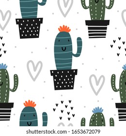 Cute pattern with cactus drawing. Seamless hand drawn botanical garden funny elements. Scandinavian childish cartoon vector illustration for baby, kids, and children fashion textile print.