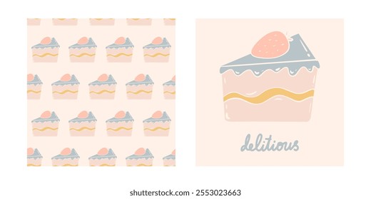 Lindo patrón con pastel, tarjeta de felicitación. Fondo inconsútil del pastel, textura linda del Vector para la tela, Fondo de pantalla, papel de embalaje, materia textil, impresión de la camiseta