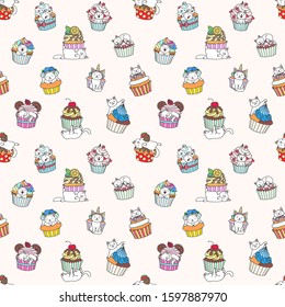 Cute pattern with cakes and cats. Hand drawn pattern of little kittens playing with cupcakes on light pink background. Vector 8 EPS.