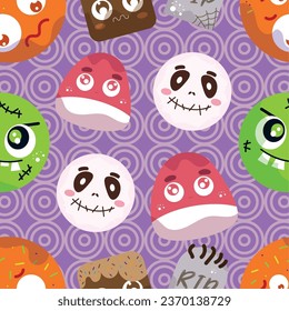 CUTE PATTERN CANDY HALLOWEEN VECTOR ILLUSTRATIONS ZOMBIE, TOMB, BROWNIE, GUMMY, CHOCOLATE. ISOLATED ON LIGHT PURPLE WITH CIRCLES. WRAPPING, TEXTILE, WALL