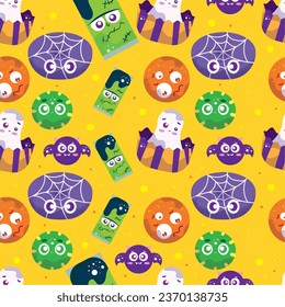 CUTE PATTERN CANDY HALLOWEEN VECTOR ILLUSTRATIONS WEB SPIDER, MONSTER, CANDY BALL, BAT, GHOST, ZOMBIE, GUMMY. ISOLATED ON YELLOW. WRAPPING, TEXTILE, WALL