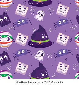 CUTE PATTERN CANDY HALLOWEEN VECTOR ILLUSTRATIONS WITCH HAT, CAT, SPIDER, ZOMBIE, CANDY BALL. ISOLATED ON PURPLE. WRAPPING, TEXTILE, WALLPAPER, CLOTHING