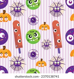 CUTE PATTERN CANDY HALLOWEEN VECTOR ILLUSTRATIONS WEB SPIDER, EYE CANDY, PUMPKIN, ZOMBIE, POPSICLE, COOKIE. ISOLATED ON VERTICAL LINES. WRAPPING, TEXTILE