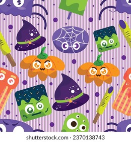 CUTE PATTERN CANDY HALLOWEEN VECTOR ILLUSTRATIONS ZOMBIE, TOMB, BROWNIE, GUMMY, CHOCOLATE. ISOLATED ON LIGHT PURPLE WITH CIRCLES. WRAPPING, TEXTILE, WALL