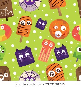 CUTE PATTERN CANDY HALLOWEEN VECTOR ILLUSTRATIONS CAT, CANDY DONUT, WEB SPIDER, ZOMBIE, GUMMY, COOKIE, POPSICLE. ISOLATED ON GREEN. WRAPPING, TEXTILE, WA