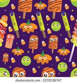 CUTE PATTERN CANDY HALLOWEEN VECTOR ILLUSTRATIONS MUMMY CANDY BALL, WITCH FINGER, PUMPKIN, GUMMY, TWISTED POPSICLE, COOKIE. ISOLATED ON PURPLE. WRAPPING,