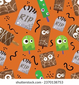 CUTE PATTERN CANDY HALLOWEEN VECTOR ILLUSTRATIONS TOMB, POPSICLE, BROWNIE. ISOLATED ON ORANGE. WRAPPING, TEXTILE, WALLPAPER, CLOTHING