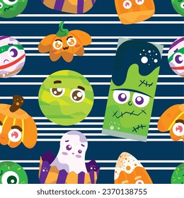 CUTE PATTERN CANDY HALLOWEEN VECTOR ILLUSTRATIONS CANDY BALL, PUMPKIN, ZOMBIE, MONSTER, GHOST. ISOLATED ON HORIZONTAL BLUE AN WHITE LINES. WRAPPING, TEXT