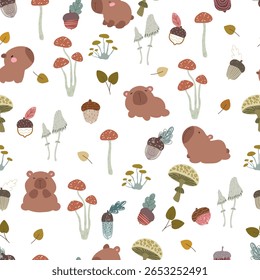 Cute pattern with capybaras, mushrooms, acorns, leaves. Vector illustration with hand drawn animals and cartoon nature, cozy fall.