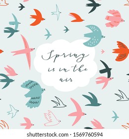 Cute pattern card with flying birds and lettering - Spring is in the air. Animal print design for greeting card, banners and posters. Vector hand-drawn background with cloud frame and birds.
