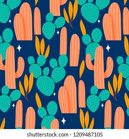 cute pattern with cartoon cacti in pastel colors on navy background. can be used like pattern for children textile or wrapping paper