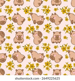 Cute pattern of cartoon capybara and flowers.