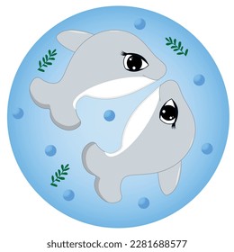 Cute pattern with cartoon dolphins, algae and bubbles. Vector illustration. Cartoon style, blue background. For print, design, wallpaper, decor, textile and packaging.