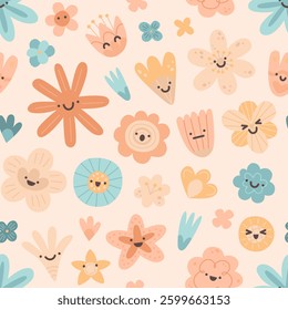 Cute pattern with cartoon flowers. Hand-drawn seamless texture with happy flowers on beige background. Children illustration in flat style. Vector pattern for textile or wrapping paper