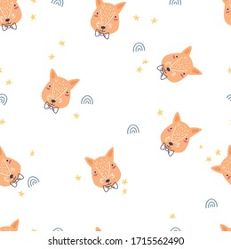Cute pattern with cartoon fox in bow-tie and cute isolated elements around.