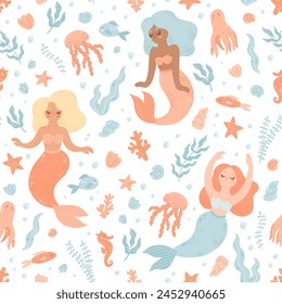 Cute pattern with cartoon mermaids and underwater life - octopus, jellyfish, seahorse. Vector seamless hand-drawn texture with sea elements on white background.