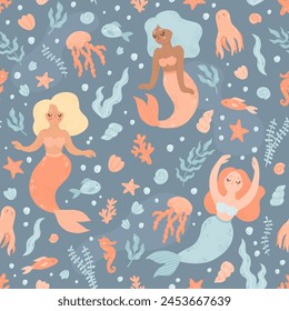 Cute pattern with cartoon mermaids and underwater life - octopus, jellyfish, seahorse. Vector seamless hand-drawn texture with sea elements on blue background.