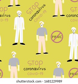 Cute pattern with cartoon people in protective medical clothes and text- stop coronavirus on the yellow background. Preventing the Covid 19 Virus Infection, Coronavirus alert, Flu spreading of world. 