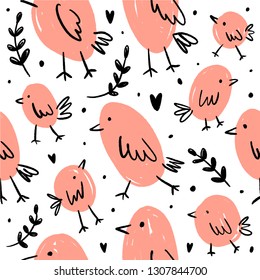 Cute pattern with cartoon pink little birds. Temting contemporary art. Boho hipster drawing