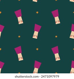 Cute pattern with cartoonish brightly coloured mushrooms on a dark background. Cute print for fabric or wallpaper.