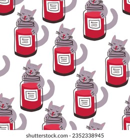 Cute pattern with the cat eating jam from the jar on white. Cute children pattern in hand drawn style