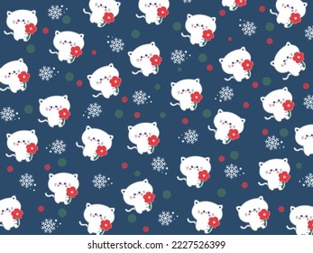 Cute pattern with cat holding flower on blue background.