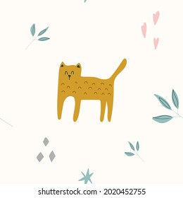 cute pattern with cat and leaves.
