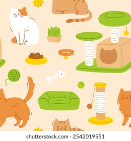 Nettes Muster mit Katzen und Zubehör. Nahtloser Vektordruck mit Zeichentrickkitten und Haustierwaren.