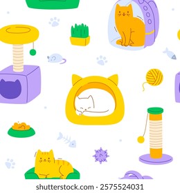 Cute pattern with cats and accessories. Seamless vector print with kitten and supplies.