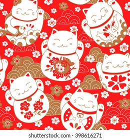 Cute pattern with cats, lucky charms, Maneki Neko, in oriental style. Vector illustration.